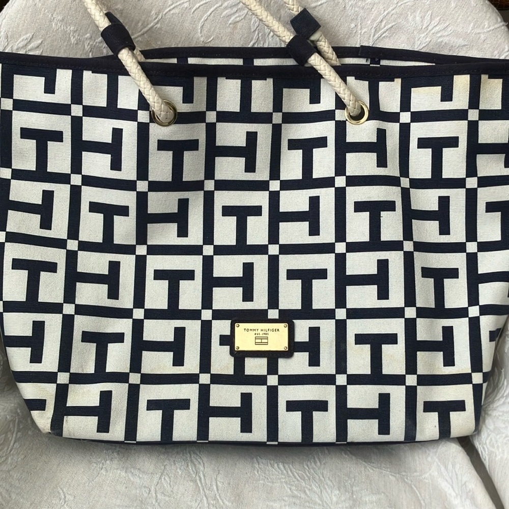 Tommy Hilfiger Navy and White Tote Bag